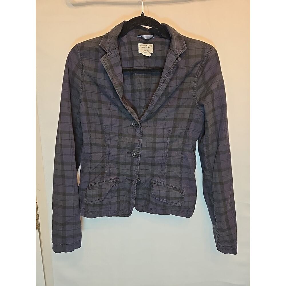 American Eagle Stretch‎ Womens Multicolor Plaid Long Sleeve Blazer Jacket Sz M